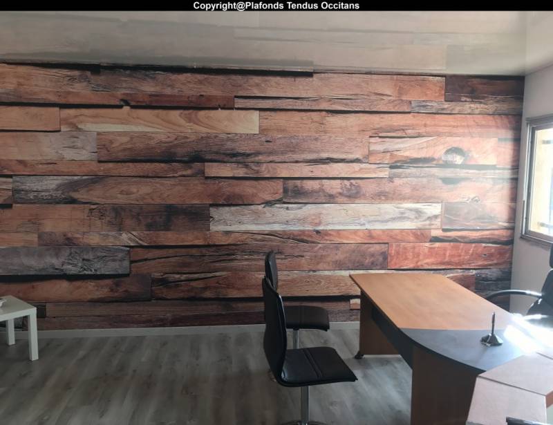 Pose toile murale effet bois BARRISOL dans showroom de Portet S/Garonne