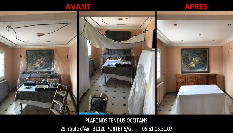AVANT APRES réalisation chantier, pose plafond tendu BARRISOL avec corniches plâtres sur ST LYS
