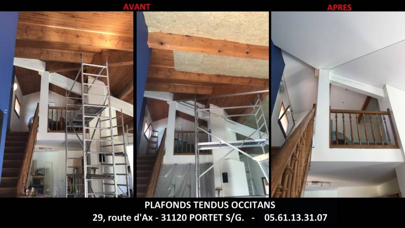 Plafond tendu avec isolant thermique entre poutres et rampant - lambris bois - chantier sur Frouzins 