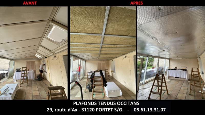 Véranda  création ossature pour double isolation - Plafonds Tendus Occitans  L'Isle en Dodon