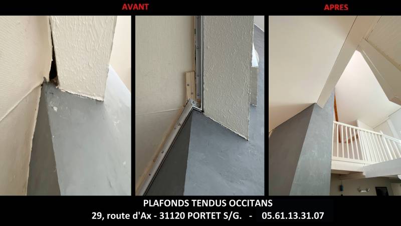 Cage d'escalier / bureau en mezzanine : plafonds irréguliers à Colomiers Plafonds Tendus Occitans