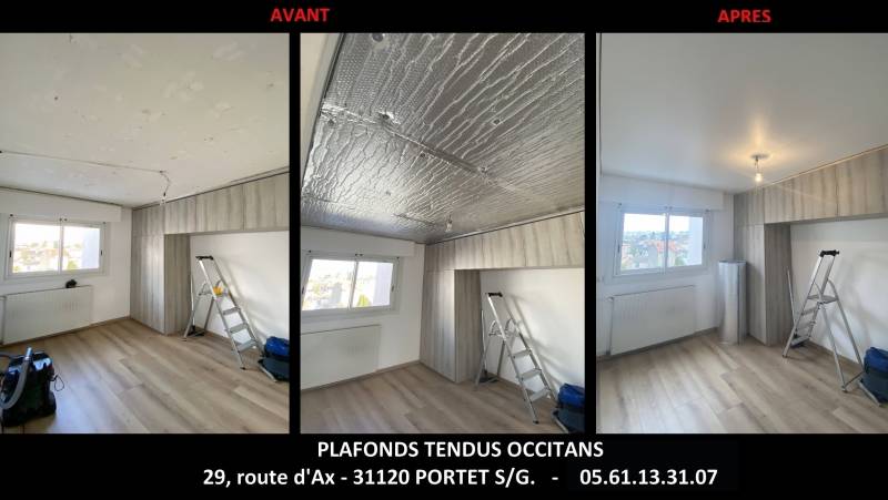 AVANT / APRES : traces de colle après suppression des plaques de polystyrènes, que faire ? Plafonds Tendus Occitans Toulouse