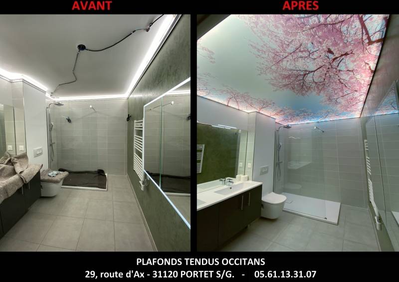 Plafond tendu lumineux imprimée en salle de bains by Plafonds Tendus Occitans