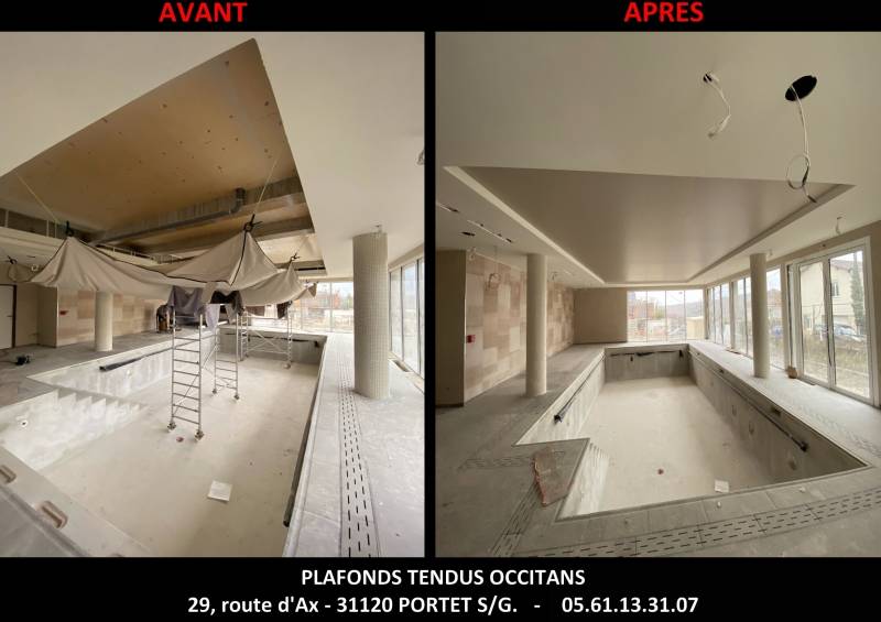 AVANT / APRES pose toile tendue acoustique piscine Cahors by Plafonds Tendus Occitans Toulouse