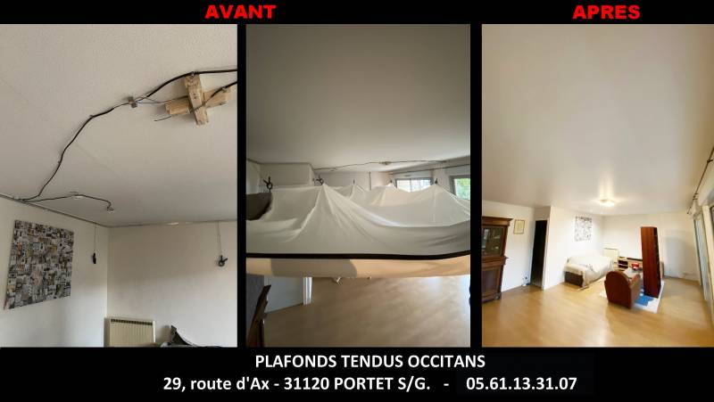 AVANT / APRES plafond tendu blanc mat sur plafond gouttelette et fissures by Plafonds Tendus Occitans Toulouse