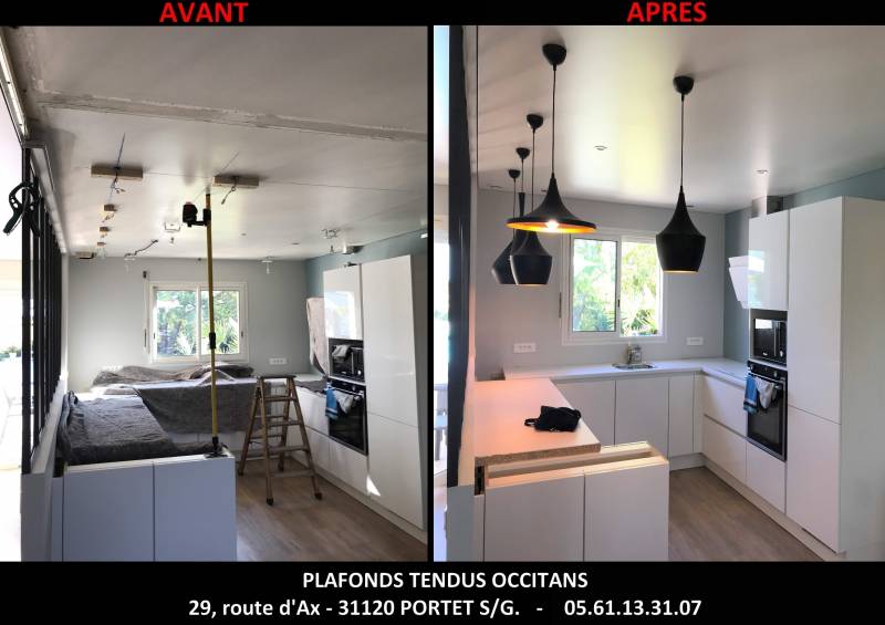 AVANT - APRES pose plafond tendu BARRISOL dans cuisine - Salvetat St Gilles