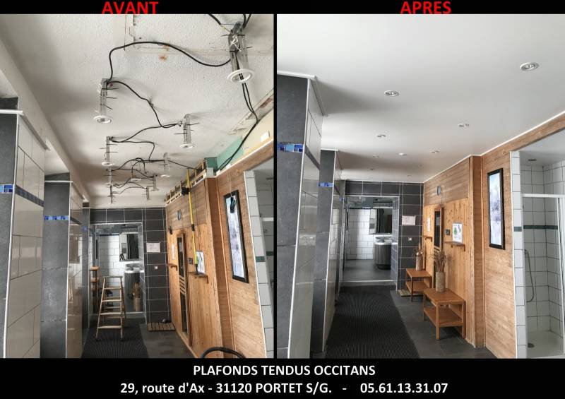 Pose plafond tendu BARRISOL blanc mat dans espace détente hammam Village Club Soleil - Bagnères de Luchon