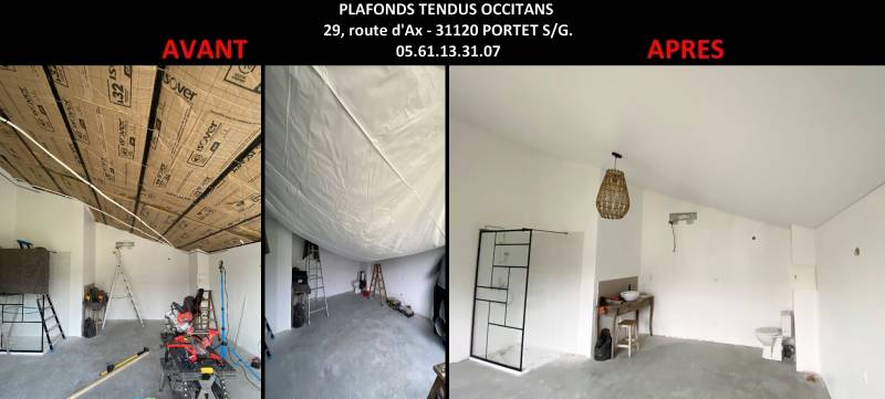 AVANT / APRES plafond tendu blanc mat sur isolation brute by Plafonds Tendus Occitans Toulouse