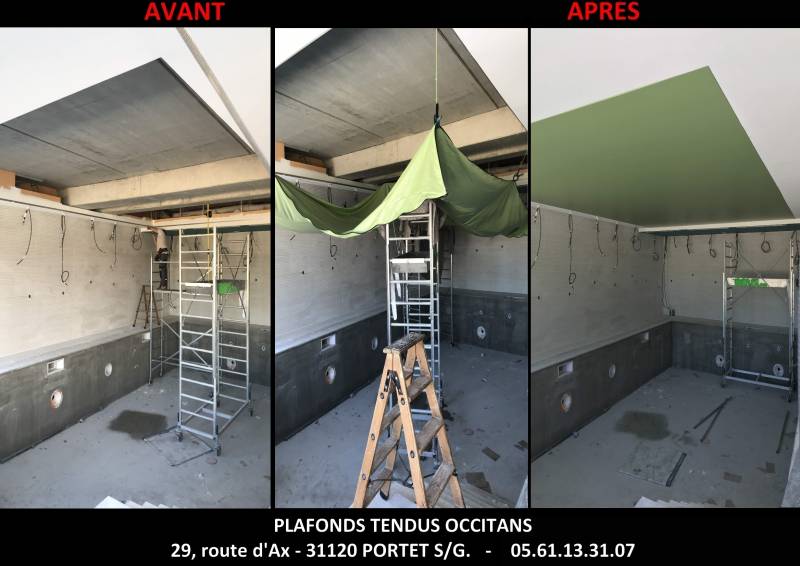 Pose plafond tendu acoustique BARRISOL satiné vert sur piscine résidence séniors 