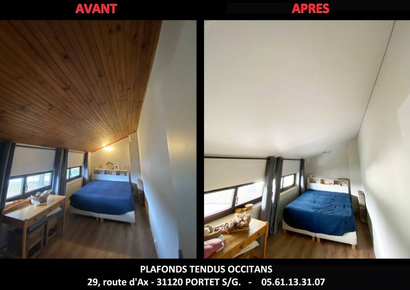 AVANT / APRES plafond tendu sur lambris bois à Montech  by Plafonds Tendus Occitans Toulouse