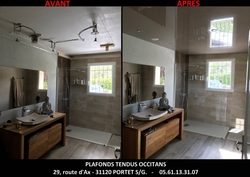 Un plafond tendu BARRISOL  laqué dans une pièce humide, salle de bains by Plafonds Tendus Occitans à Frouzins