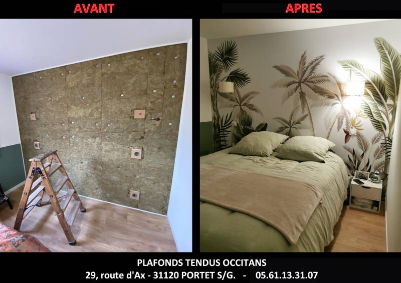 AVANT / APRES pose toile textile murale imprimée à LE GRES by Plafonds Tendus Occitans Toulouse