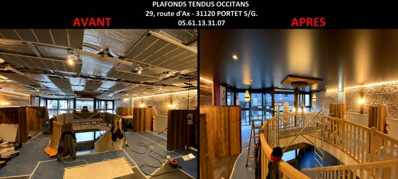 plafonds tendus mats brun dans restaurant LA TUTE situé à St Lary Soulan